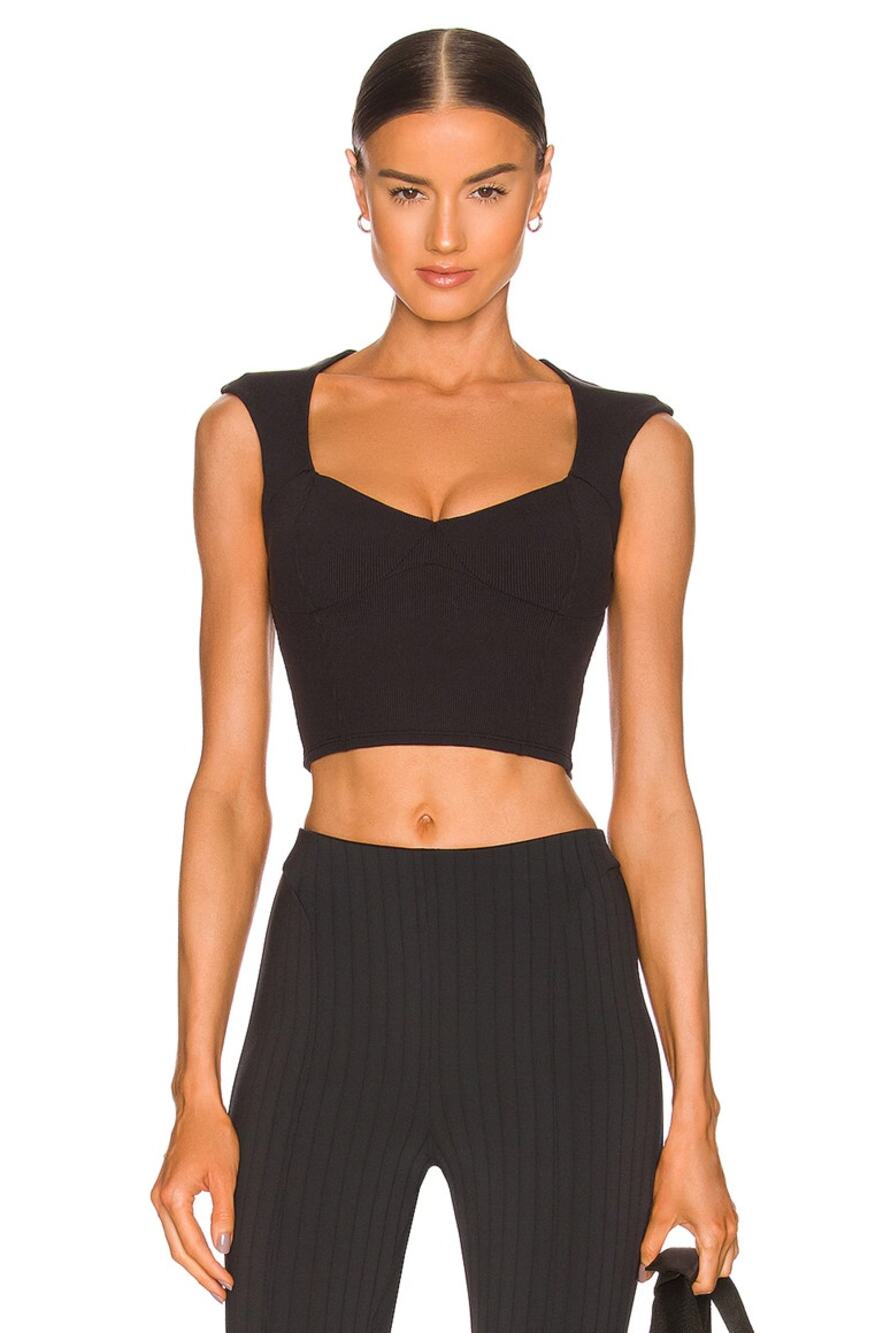 Alo Ribbed Sweetheart Short Sleeve Cropped Top Black M NWT